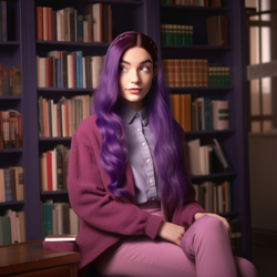 Size: 1024x1024 | Tagged: safe, imported from derpibooru, twilight sparkle, human, book, bookshelf, high res, humanized, library, machine learning generated, midjourney, photo, prompter:roseabrams, relaxing, sitting, solo