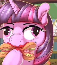 Size: 1475x1667 | Tagged: safe, artist:to_fat_to_fly, twilight sparkle, pony, unicorn, bread, burger, ear fluff, eating, female, food, hay, hay burger, horn, ketchup, lettuce, mare, messy eating, sauce, solo, tomato