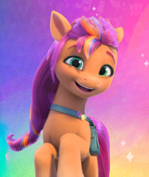 Size: 240x285 | Tagged: safe, imported from twibooru, sunny starscout, earth pony, pony, g5, looking at you, my little pony: make your mark, official, rainbow background, smiling