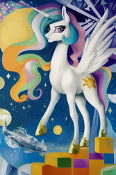 Size: 1280x1920 | Tagged: safe, derpibooru exclusive, editor:dovakkins, imported from derpibooru, princess celestia, alicorn, pony, ai content, ai generated, avant-garde, constructivism, female, generator:stable diffusion, horn, lips, long mane, mare, missing accessory, poster parody, solo, soviet, space, spaceship, stars, tail, wavy mane, wavy tail, wings