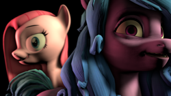 Size: 3840x2160 | Tagged: safe, artist:drixale, derpibooru exclusive, imported from derpibooru, izzy moonbow, pinkie pie, earth pony, pony, unicorn, 3d, g5, izzy and her heroine, pinkamena diane pie, source filmmaker