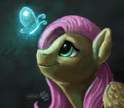 Size: 900x788 | Tagged: safe, artist:nebula210, imported from derpibooru, fluttershy, butterfly, pegasus, pony, closed mouth, female, looking at something, looking up, mare, smiling, solo, wings