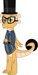 Size: 637x1257 | Tagged: safe, artist:ponygamer2020, derpibooru exclusive, imported from derpibooru, oc, oc only, oc:myoozik the dragon, dragon, fallout equestria, brown eyes, claws, clothes, crossed arms, dragon oc, dragon wings, fallout, glasses, hat, horn, jumpsuit, male, non-pony oc, pipboy, shirt, simple background, smiling, solo, tail, top hat, transparent background, vault suit, vector, wings