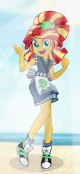 Size: 4944x10776 | Tagged: safe, artist:emeraldblast63, artist:gurihiru, imported from derpibooru, sunset shimmer, human, eqg summertime shorts, equestria girls, good vibes, absurd resolution, alternate hairstyle, boots, clothes, converse, high res, lens flare, looking at you, motorcross, open mouth, open smile, shoes, smiling, sunset sushi, waving, waving at you