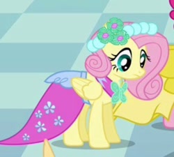 Size: 1170x1054 | Tagged: safe, imported from derpibooru, screencap, fluttershy, pinkie pie, princess celestia, earth pony, pegasus, pony, a canterlot wedding, season 2, bridesmaid dress, clothes, dress, horn, implied princess celestia, offscreen character