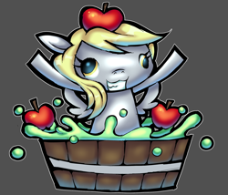 Size: 1974x1692 | Tagged: artist needed, safe, imported from derpibooru, derpy hooves, pegasus, pony, apple, apple bobbing, food, gray background, simple background, solo