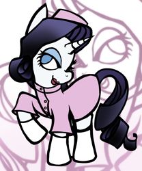 Size: 2000x2402 | Tagged: safe, artist:flamingolegz, imported from derpibooru, rarity, pony, unicorn, clothes, cosplay, costume, dr. girlfriend, female, lipstick, mare, raised hoof, smiling, solo, the venture bros.