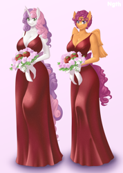 Size: 912x1280 | Tagged: safe, artist:ngth, imported from derpibooru, scootaloo, sweetie belle, anthro, pegasus, unicorn, apple, bare shoulders, big breasts, bouquet, bouquet of flowers, breasts, bridesmaid, bridesmaid dress, busty scootaloo, busty sweetie belle, cleavage, clothes, curly hair, dress, duo, duo female, ears, feathered wings, female, flower, food, green eyes, horn, long horn, long skirt, looking at you, nostrils, older, older scootaloo, older sweetie belle, pegasus wings, purple eyes, skirt, smiling, snout, tail, two toned hair, two toned tail, unicorn horn, wings