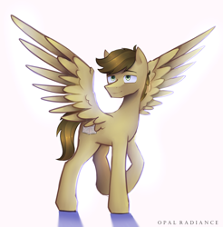 Size: 2800x2840 | Tagged: safe, artist:opal_radiance, imported from derpibooru, oc, oc only, unnamed oc, pegasus, pony, eyebrows, high res, male, pegasus oc, raised hoof, shadow, signature, simple background, smiling, solo, spread wings, stallion, white background, wings