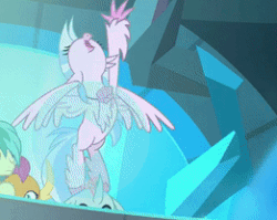 Size: 261x208 | Tagged: safe, imported from derpibooru, screencap, gallus, ocellus, sandbar, silverstream, smolder, changedling, changeling, classical hippogriff, dragon, earth pony, griffon, hippogriff, school raze, season 8, spoiler:s08, animated, cropped, cute, diaocelles, diastreamies, dragoness, female, flying, gif, looking down, peeking, pointing, raised claw