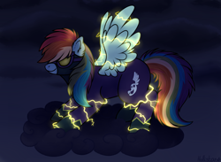 Size: 2791x2048 | Tagged: safe, artist:hollistars, imported from derpibooru, rainbow dash, pegasus, pony, luna eclipsed, clothes, costume, electricity, female, lighting, mare, nightmare night costume, shadowbolt dash, shadowbolts costume, solo, spread wings, stormcloud, wings