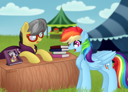 Size: 2598x1866 | Tagged: safe, artist:hollistars, imported from derpibooru, a.k. yearling, daring do, rainbow dash, pegasus, pony, book, duo, fair, female, grass, mare, table, tent