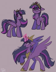 Size: 1074x1368 | Tagged: safe, artist:petaltwinkle, imported from derpibooru, twilight sparkle, alicorn, pony, unicorn, the last problem, age progression, big crown thingy, element of magic, eye clipping through hair, female, glowing, glowing horn, gray background, horn, jewelry, looking up, mare, new crown, no pupils, older, older twilight, open mouth, open smile, princess twilight 2.0, progression, regalia, simple background, smiling, solo, spread wings, twilight sparkle (alicorn), unicorn twilight, wings