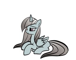 Size: 1024x804 | Tagged: safe, artist:petaltwinkle, imported from derpibooru, oc, oc only, alicorn, crystal pony, pony, alicorn oc, crystal pony oc, female, horn, lying down, mare, prone, sad, simple background, solo, white background, wings