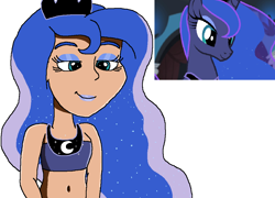 Size: 1084x780 | Tagged: safe, artist:ocean lover, imported from derpibooru, screencap, princess luna, human, for whom the sweetie belle toils, season 4, bare midriff, bare shoulders, beautiful, beautiful eyes, beautiful hair, belly, belly button, blue eyeshadow, blue hair, blue lipstick, crown, curvy, ethereal hair, eyelashes, eyeshadow, female, hourglass figure, human coloration, humanized, jewelry, lipstick, looking at someone, makeup, midriff, moderate dark skin, moon, ms paint, pretty, princess of the night, reference, regalia, scene interpretation, screencap reference, simple background, sleeveless, smiling, solo, sparkles, starry hair, teal eyes, wavy hair, white background