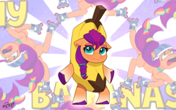 Size: 1720x1080 | Tagged: safe, artist:rivin177, imported from derpibooru, sunny starscout, earth pony, pony, spoiler:g5, spoiler:my little pony: tell your tale, spoiler:tyts01e21, banana, banana costume, bipedal, clothes, coat markings, costume, cute, embarrassed, female, floppy ears, food, food costume, frown, fruit costume, g5, helmet, hooves, mane stripe sunny, mare, meme, my bananas, my little pony: tell your tale, open mouth, roller skates, sad, sadorable, skates, socks (coat markings), solo, standing, suit, sunnybetes, unshorn fetlocks, wavy mouth