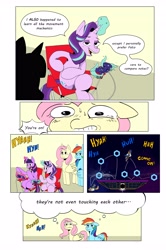 Size: 2718x4096 | Tagged: safe, artist:balileart, imported from derpibooru, fluttershy, rainbow dash, starlight glimmer, twilight sparkle, alicorn, pegasus, pony, unicorn, comic, controller, dialogue, falco lombardi, female, floppy ears, fox mccloud, gamecube controller, hand, levitation, magic, magic hands, mare, sitting, speech bubble, star fox, super smash bros., sweat, telekinesis, thought bubble, twilight sparkle (alicorn)