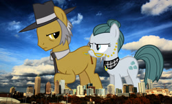 Size: 2048x1233 | Tagged: safe, artist:timelordomega, edit, editor:jaredking779, imported from derpibooru, cloudy quartz, igneous rock pie, earth pony, pony, atlanta, female, georgia (state), giant pony, giant/macro earth pony, giantess, glasses, hat, highrise ponies, irl, macro, male, mare, mega giant, photo, ponies in real life, stallion, story included