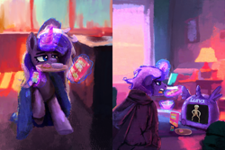 Size: 4096x2732 | Tagged: safe, artist:phutashi, imported from derpibooru, princess luna, alicorn, pony, 2 panel comic, bed, blanket, cereal, comic, donut, food, grinded pony hooves, lamp, magic, plate, soda, soda can, solo, telekinesis, television