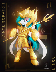 Size: 3928x5000 | Tagged: safe, artist:zidanemina, imported from derpibooru, dj pon-3, vinyl scratch, semi-anthro, unicorn, armor, black background, crossover, gold saint, golden armor, saint seiya, simple background, smiling, solo, spear, standing, weapon, zodiac