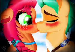Size: 598x411 | Tagged: safe, artist:lyudmilalastochka, imported from derpibooru, hitch trailblazer, sunny starscout, earth pony, pony, blushing, crying, duo, duo male and female, eyes closed, female, g5, kiss on the lips, kissing, male, mare, sheriff's badge, shipping, stallion, straight, sunnyhitch