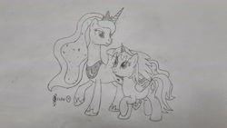 Size: 4032x2268 | Tagged: safe, artist:parclytaxel, imported from derpibooru, princess luna, oc, oc:parcly taxel, alicorn, pony, ain't never had friends like us, albumin flask, parcly taxel in japan, alicorn oc, duo, eye contact, female, horn, hug, lineart, looking at each other, looking at someone, looking down, looking up, mare, monochrome, pencil drawing, raised hoof, smiling, story included, traditional art, winghug, wings