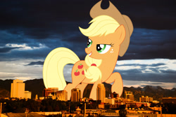 Size: 2048x1365 | Tagged: safe, artist:spaz-featherbrain, edit, editor:jaredking779, imported from derpibooru, applejack, earth pony, pony, cowboy hat, female, giant pony, giantess, grin, hat, highrise ponies, irl, looking back, macro, mare, photo, ponies in real life, raised hoof, salt lake city, smiling, solo, stetson, utah