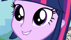 Size: 3072x1727 | Tagged: safe, imported from derpibooru, screencap, twilight sparkle, human, equestria girls, equestria girls (movie), dilated pupils, female, lip bite, smiling, solo