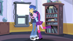 Size: 3072x1727 | Tagged: safe, imported from derpibooru, screencap, flash sentry, twilight sparkle, human, equestria girls, equestria girls (movie), bookshelf, boots, canterlot high, clothes, cutie mark on clothes, duo, duo male and female, eyes closed, female, hug, jacket, male, shoes, smiling