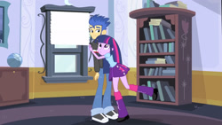 Size: 3072x1727 | Tagged: safe, imported from derpibooru, screencap, flash sentry, twilight sparkle, human, equestria girls, equestria girls (movie), bookshelf, boots, canterlot high, clothes, cutie mark on clothes, duo, duo male and female, female, frown, hug, jacket, male, shoes, smiling