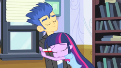 Size: 3072x1727 | Tagged: safe, imported from derpibooru, screencap, flash sentry, twilight sparkle, human, equestria girls, equestria girls (movie), bookshelf, boots, canterlot high, clothes, cutie mark on clothes, duo, duo male and female, eyes closed, female, frown, hug, jacket, male, shoes, smiling