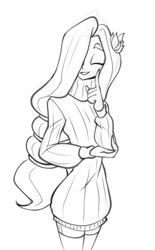 Size: 504x815 | Tagged: safe, artist:bigdad, imported from derpibooru, fluttershy, human, clothes, eyes closed, female, flower, flower in hair, hair over one eye, humanized, looking at you, monochrome, simple background, smiling, smiling at you, socks, solo, stockings, sweater, sweatershy, thigh highs, white background