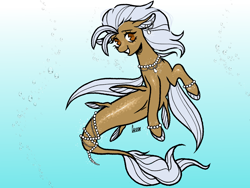 Size: 1600x1200 | Tagged: safe, artist:curryrice, imported from derpibooru, oc, oc only, seapony (g4), bubble, dorsal fin, ear piercing, earring, fin, fish tail, gradient background, jewelry, looking at you, ocean, piercing, solo, swimming, tail, tail jewelry, underwater, water