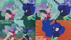 Size: 2000x1125 | Tagged: safe, edit, edited screencap, editor:quoterific, imported from derpibooru, screencap, princess celestia, princess luna, alicorn, between dark and dawn, angry, argument, basket, clothes, duo, duo female, female, forest, hair bun, hawaiian shirt, mare, picnic basket, picnic blanket, ponytail, royal sisters, shirt, siblings, sisters, yelling