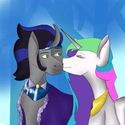 Size: 3000x3000 | Tagged: safe, artist:sh4deshad0w41, imported from derpibooru, king sombra, princess celestia, alicorn, unicorn, celestibra, cheek kiss, curved horn, duo, duo male and female, female, good king sombra, horn, jewelry, kissing, male, regalia, ship, shipping, smiling, straight