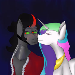 Size: 3000x3000 | Tagged: safe, artist:sh4deshad0w41, imported from derpibooru, king sombra, princess celestia, alicorn, unicorn, blushing, celestibra, cheek kiss, curved horn, duo, duo male and female, eyes closed, female, horn, jewelry, kissing, male, red eyes, regalia, ship, shipping, simple background, smiling, straight