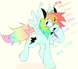 Size: 1867x1660 | Tagged: safe, artist:torridline, imported from derpibooru, rainbow dash, pegasus, pony, fluffy, fluffy mane, fluffy tail, happy, pastel, smiling, solo, strange, tail, talking, text