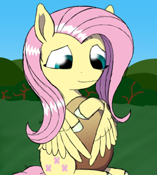 Size: 1700x1900 | Tagged: safe, artist:the crystal artist, derpibooru exclusive, imported from derpibooru, fluttershy, pegasus, pony, bush, cute, egg, female, holding something, hug, looking at something, looking down, mare, outdoors, shading, shyabetes, sitting, smiling, solo, spread wings, unshorn fetlocks, winghug, wings