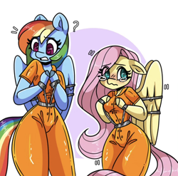Size: 1080x1067 | Tagged: safe, artist:dub_doodles, imported from derpibooru, fluttershy, rainbow dash, anthro, unguligrade anthro, arm hooves, belt, bound wings, clothes, cuffs, duo, jumpsuit, never doubt rainbowdash69's involvement, prison outfit, prisoner, prisoner ft, prisoner rd, simple background, teary eyes, white background, wing cuffs, wings