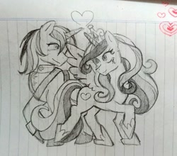 Size: 640x564 | Tagged: safe, artist:999pxo, imported from derpibooru, princess cadance, shining armor, alicorn, pony, unicorn, duo, female, heart, irl, lined paper, male, photo, sketch, straight, traditional art