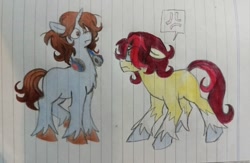 Size: 640x418 | Tagged: safe, artist:999pxo, imported from derpibooru, oc, oc only, earth pony, pony, unicorn, angry, chest fluff, coat markings, duo, headphones, lined paper, ponysona, sketch, socks (coat markings), traditional art, unshorn fetlocks