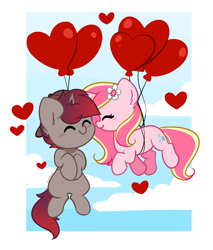 Size: 3426x4016 | Tagged: safe, artist:kittyrosie, imported from derpibooru, oc, oc only, oc:rosa flame, pony, unicorn, balloon, eyes closed, female, heart, heart balloon, male, oc x oc, shipping