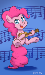 Size: 720x1200 | Tagged: safe, artist:empyu, imported from derpibooru, pinkie pie, earth pony, pony, cute, diapinkes, female, happy, looking at you, mare, musical instrument, open mouth, open smile, playing, smiling, solo, tail, tail stand, ukulele, underhoof