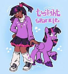 Size: 1280x1402 | Tagged: safe, artist:999pxo, imported from derpibooru, twilight sparkle, alicorn, human, pony, clothes, converse, cutie mark on clothes, dark skin, human ponidox, humanized, jewelry, name, necklace, self paradox, self ponidox, shoes, skirt, sneakers, stars, twilight sparkle (alicorn)