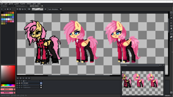 Size: 1920x1080 | Tagged: safe, artist:menalia, imported from derpibooru, fluttershy, pegasus, pony, aseprite, clothes, female, fingerless gloves, gloves, hoodie, looking at something, mare, pants, pixel art, shirt, shoes, sneakers, t-shirt, wings, wip