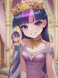 Size: 1024x1364 | Tagged: safe, imported from derpibooru, twilight sparkle, human, ai content, ai generated, background human, blurry background, breasts, clothes, crown, dress, female, generator:novelai, generator:stable diffusion, humanized, jewelry, looking at you, necklace, prompter:sammykun, regalia, small breasts, smiling, smiling at you, teeth