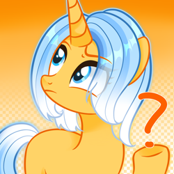 Size: 2048x2048 | Tagged: safe, artist:miwq, imported from derpibooru, oc, oc:aurore soleilevant, pony, unicorn, confused, orange coat