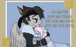 Size: 1920x1200 | Tagged: safe, artist:brainiac, imported from derpibooru, oc, oc:nightingale, oc:swan song, cat, cat pony, original species, pegasus, cute, female, final fantasy, final fantasy xiv, hug, male, mare, sad, stallion