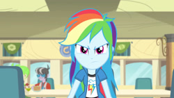 Size: 3072x1727 | Tagged: safe, imported from derpibooru, screencap, cherry crash, rainbow dash, human, equestria girls, pinkie on the one, rainbow rocks, clothes, cutie mark on clothes, female, frown, male, rainbow dash is not amused, solo focus, unamused