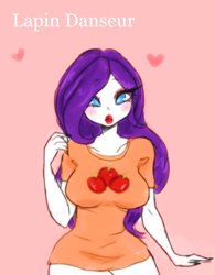 Size: 2024x2600 | Tagged: safe, artist:lapindanseur, imported from derpibooru, rarity, human, applejack's cutie mark, breasts, busty rarity, clothes, cutie mark on clothes, female, humanized, implied lesbian, implied rarijack, implied shipping, pink background, shirt, simple background, solo, t-shirt